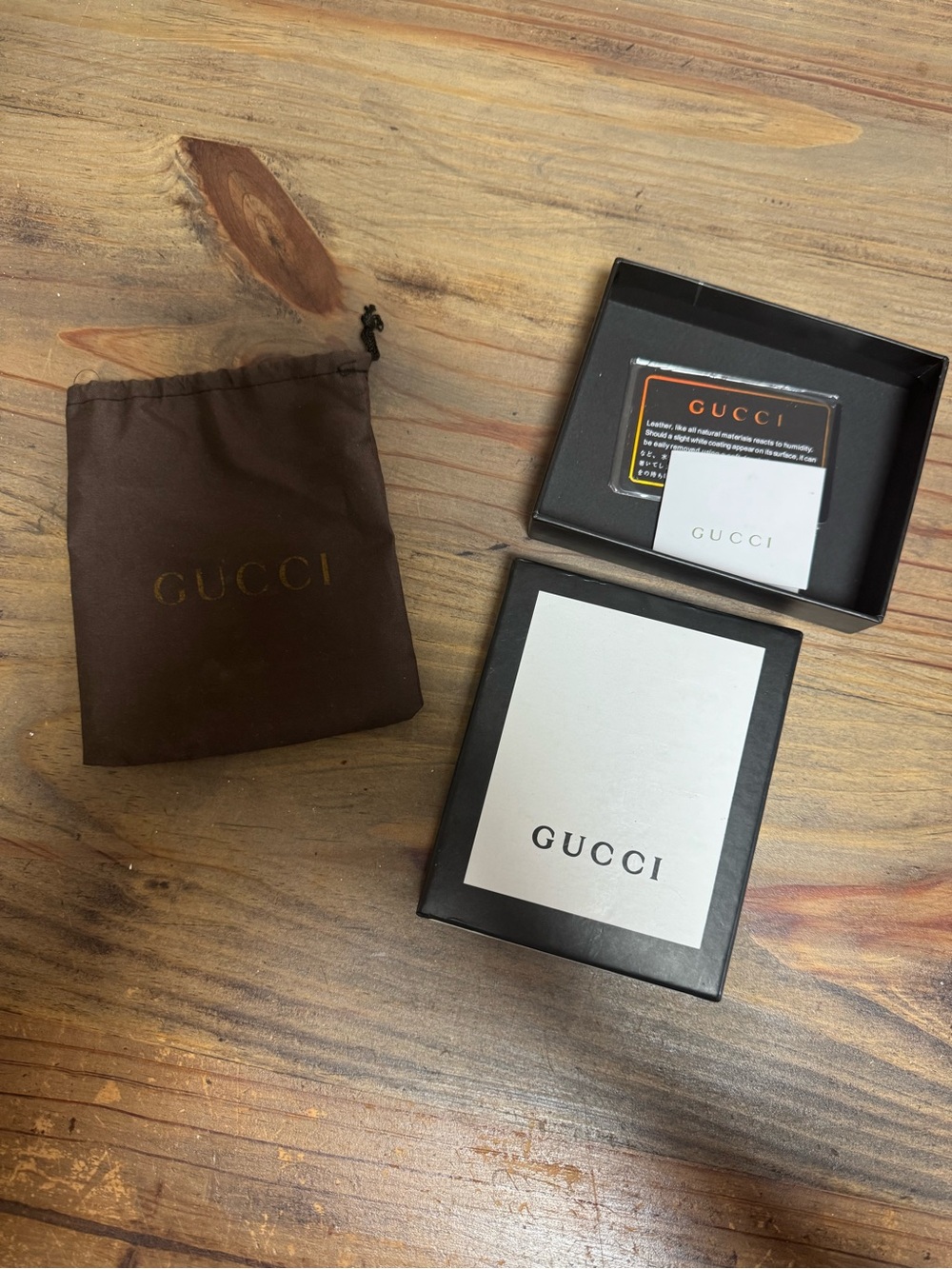 Gucci Brown Drawstring Pouch with Black and White Wallet Box Set